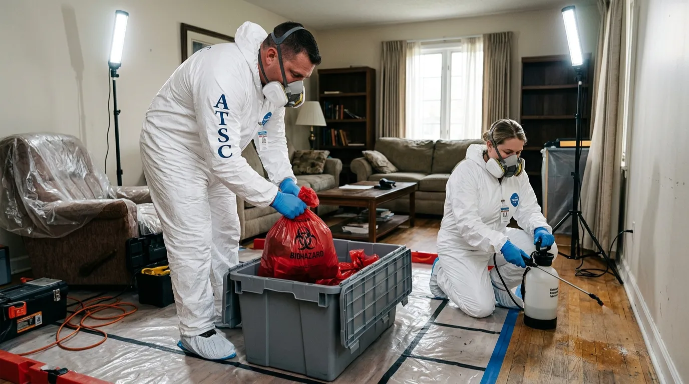 Professional Unattended Death Cleanup technician in full PPE working in Beverly Hills